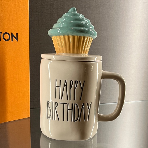 Rae Dunn by Magenta "Happy Birthday" ceramic mug light blue cupcake topper lid. - Picture 3 of 12